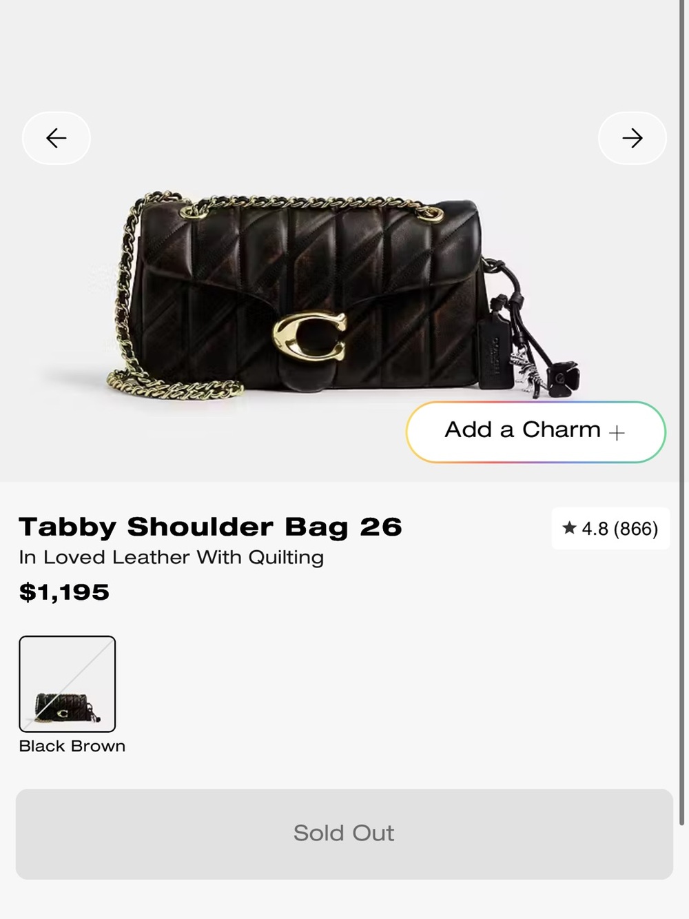 Coach Tabby Quilted Shoulder Bag in Black-Brown with Gold Hardware